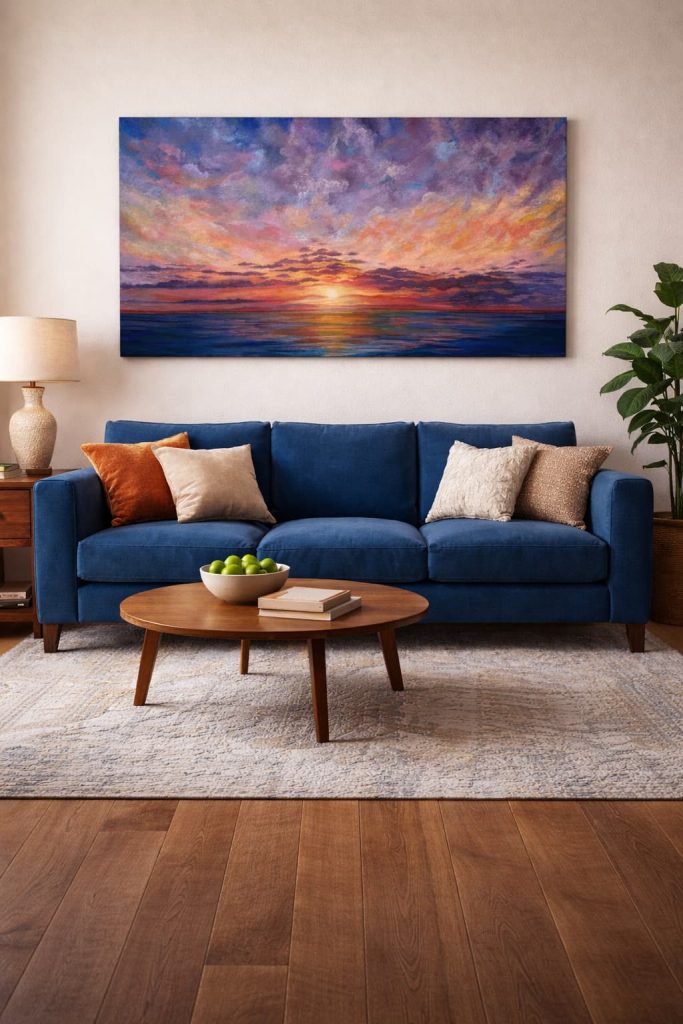 Large oil painting of a colorful ocean sunset with dramatic purple and orange clouds reflecting over calm blue water, displayed as modern wall art.