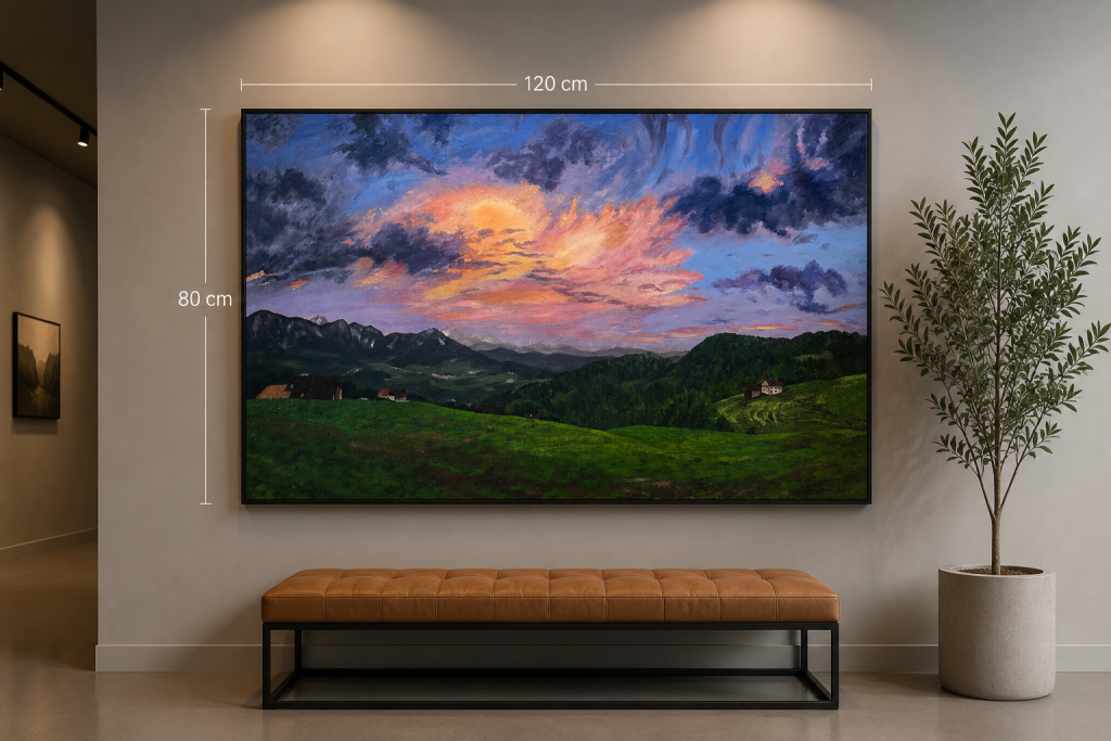 Hand-painted landscape oil painting with rolling green hills and dramatic sunset clouds on canvas