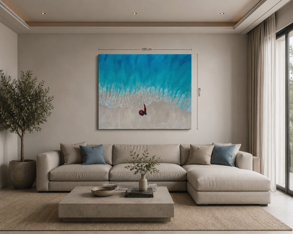 Modern seaside oil painting for living room decor, 100x80 cm handmade artwork.